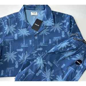 Hurley Mens Seersucker Shirt and Short 2-Piece Set Abyss Blue Tropical Palm L/M